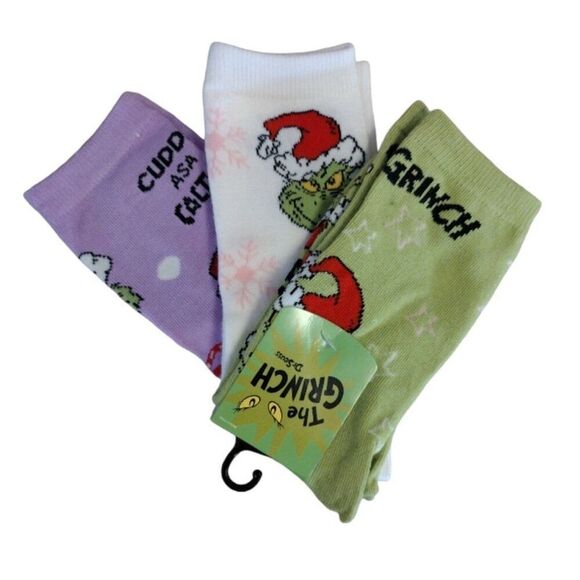 Dr Seuss's The Grinch 3 Pairs Christmas Themed Crew Socks NWT - Picture 4 of 9